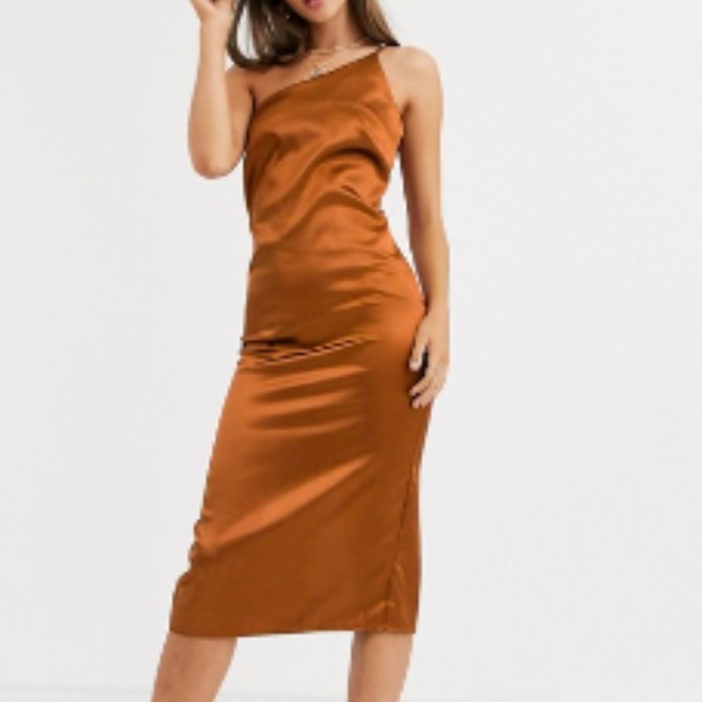NWT Little Mistress One Shoulder Satin Slip Dress in Rust sz 4
